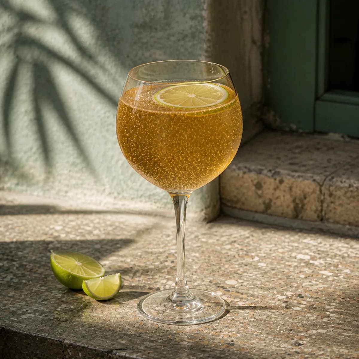 Airmail in a large stemmed balloon wine glass styled in a shaded island courtyard bar with faded sea-green render, old terrazzo and a single palm shadow.