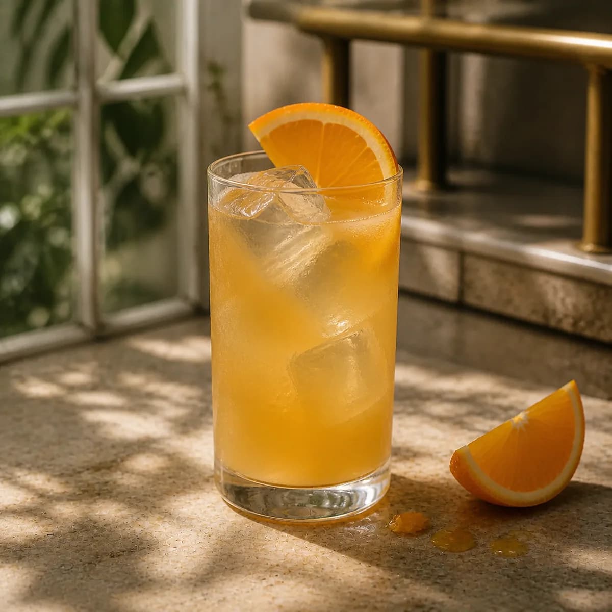 Alabama Slammer in a tall straight-sided highball glass styled in a glasshouse café bar with pale stone, fern shadows and lightly weathered brass.