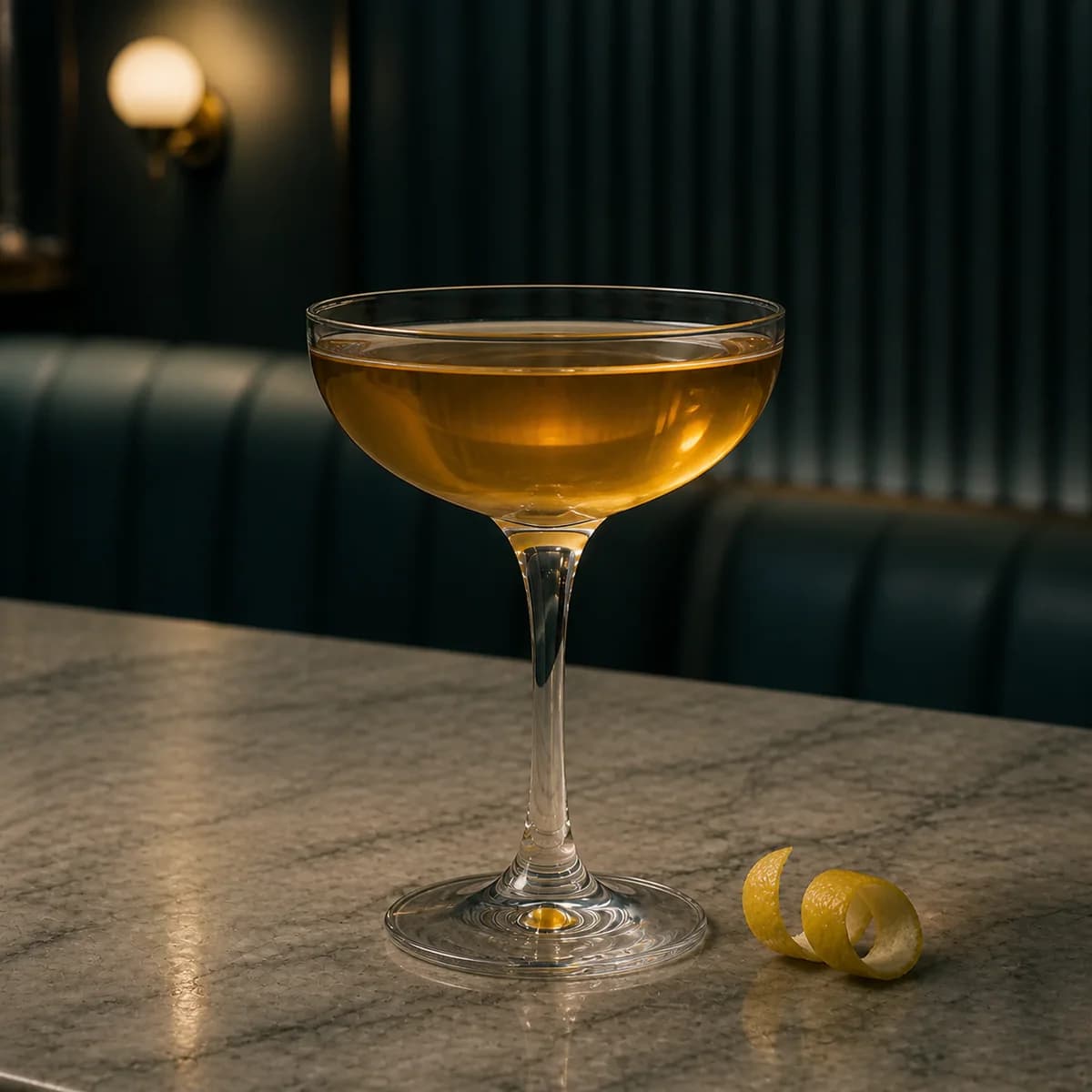 Alaska in a clear shallow coupe styled in a cool Art Deco hotel bar with smoky teal fluting, pale gray marble and one asymmetric opal sconce.