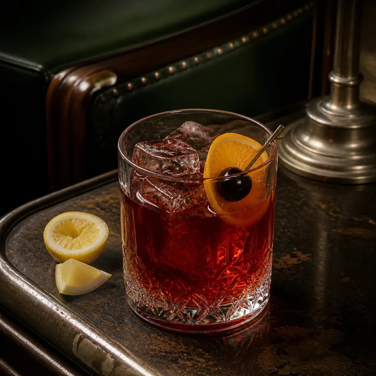 Amaretto Sour in a heavy low rocks glass styled in an old railway club bar with bottle-green leather, mahogany and aged nickel.