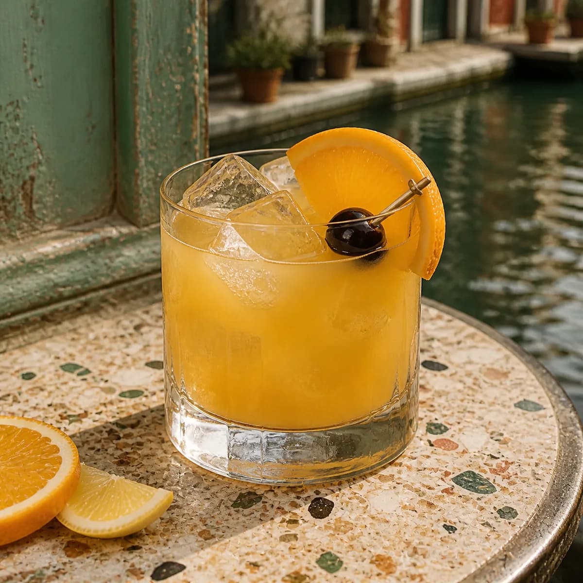 Amaretto Stone Sour in a heavy low rocks glass styled in a quiet canal café bar with worn celadon paint, old terrazzo and watery reflections in the distance.