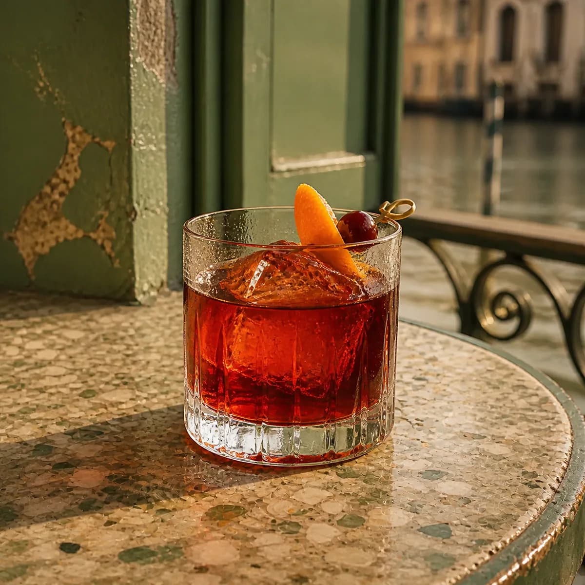 Amaro Sour in a heavy low rocks glass styled in a quiet canal café bar with worn celadon paint, old terrazzo and watery reflections in the distance.