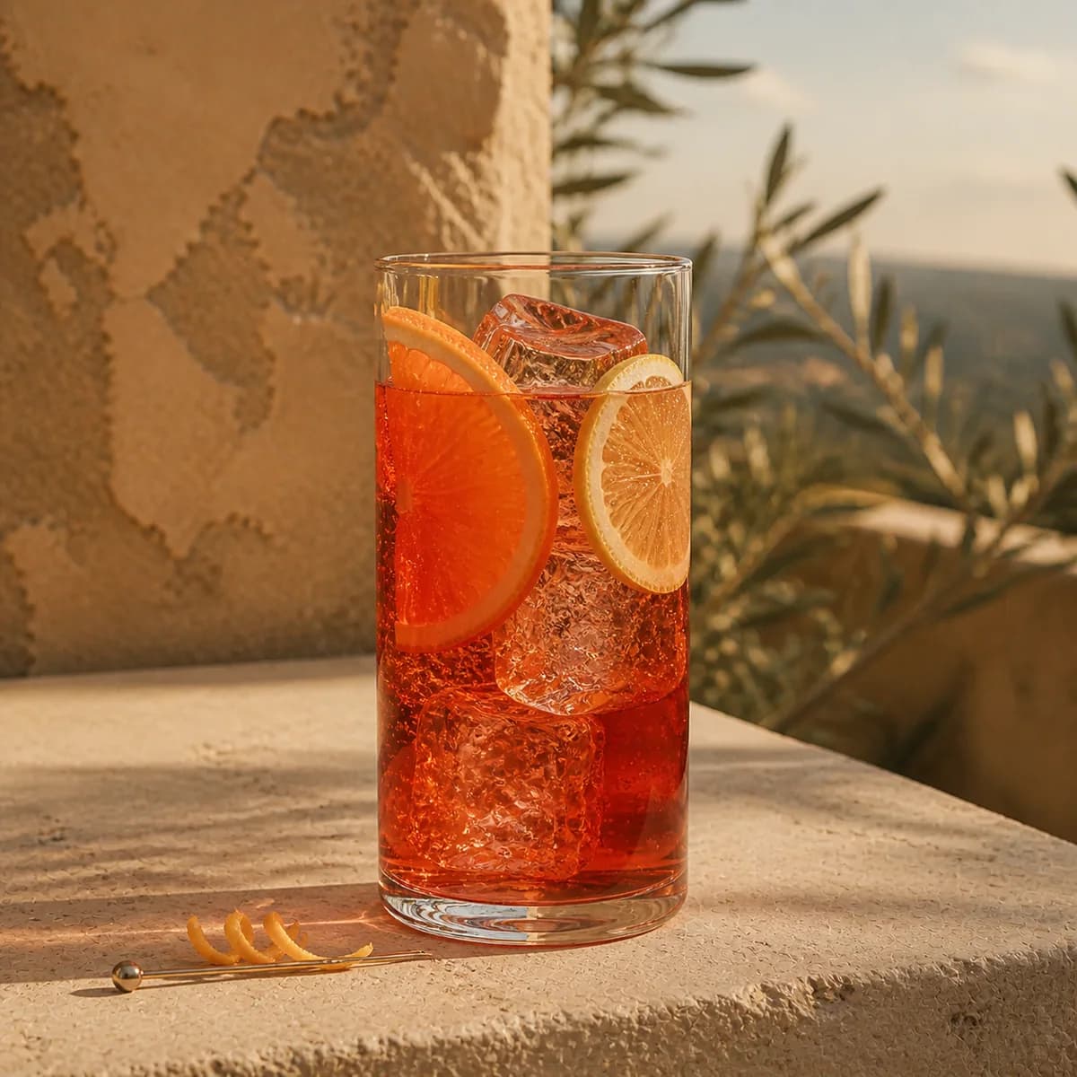 Americano in a tall straight-sided highball glass styled in an Italian terrace with faded apricot stucco, pale limestone and blurred olive leaves.