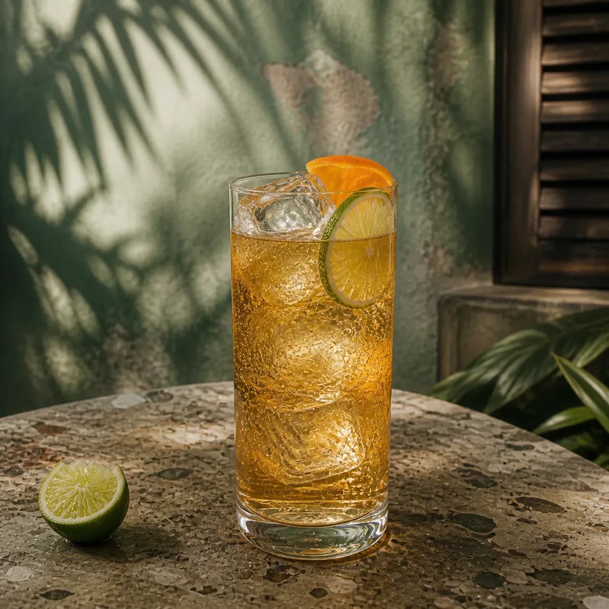 Añejo Highball in a tall straight-sided highball glass styled in a shaded island courtyard bar with faded sea-green render, old terrazzo and a single palm shadow.