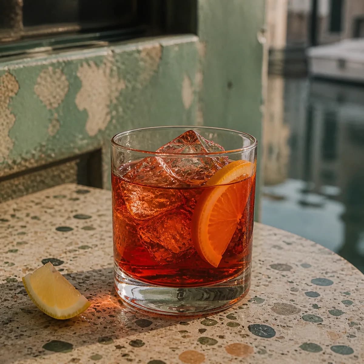 Aperol Sour in a heavy low rocks glass styled in a quiet canal café bar with worn celadon paint, old terrazzo and watery reflections in the distance.