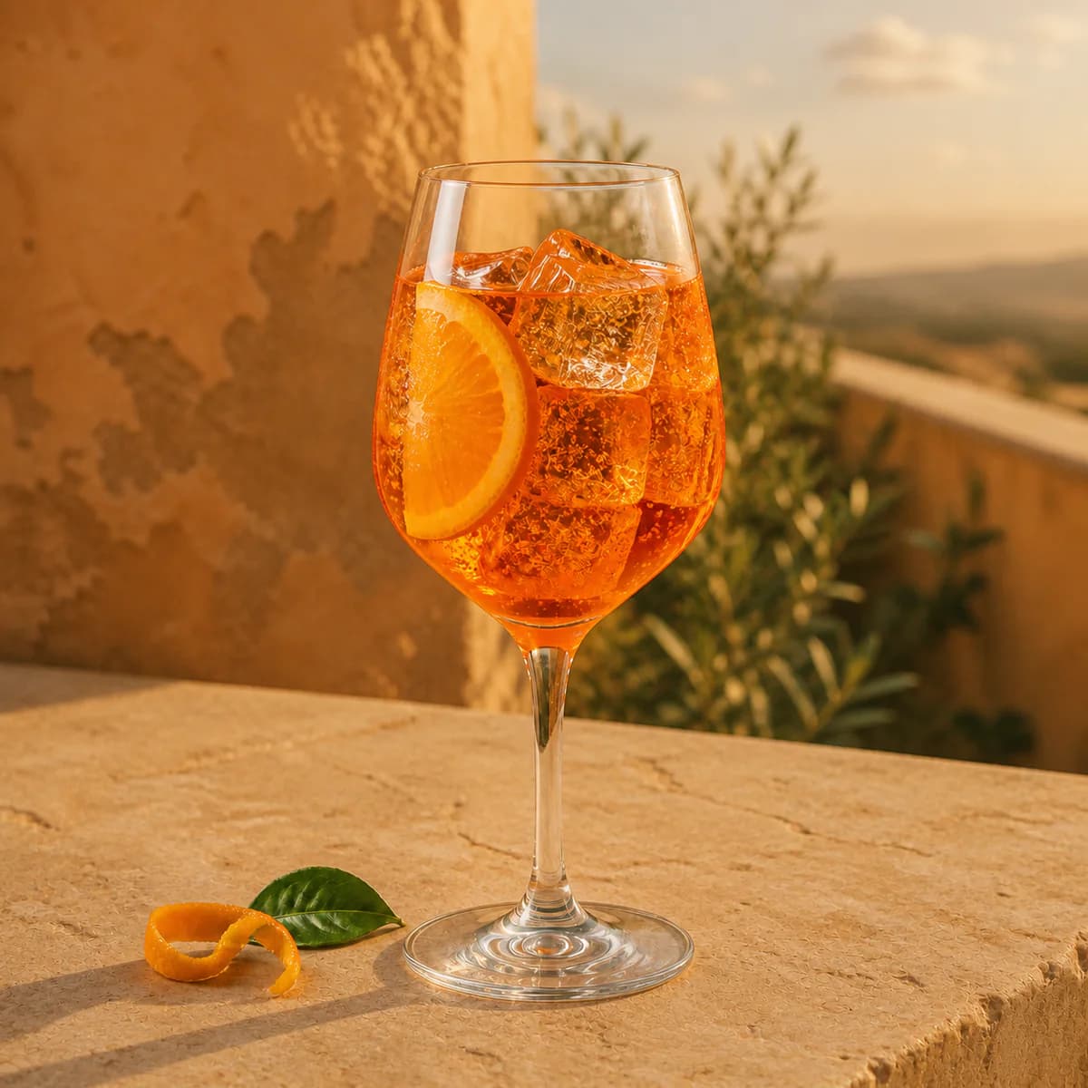 Aperol Spritz in a large stemmed balloon wine glass styled in a shaded portico bar with sun-faded ochre render, cool stone and distant cypress blur.
