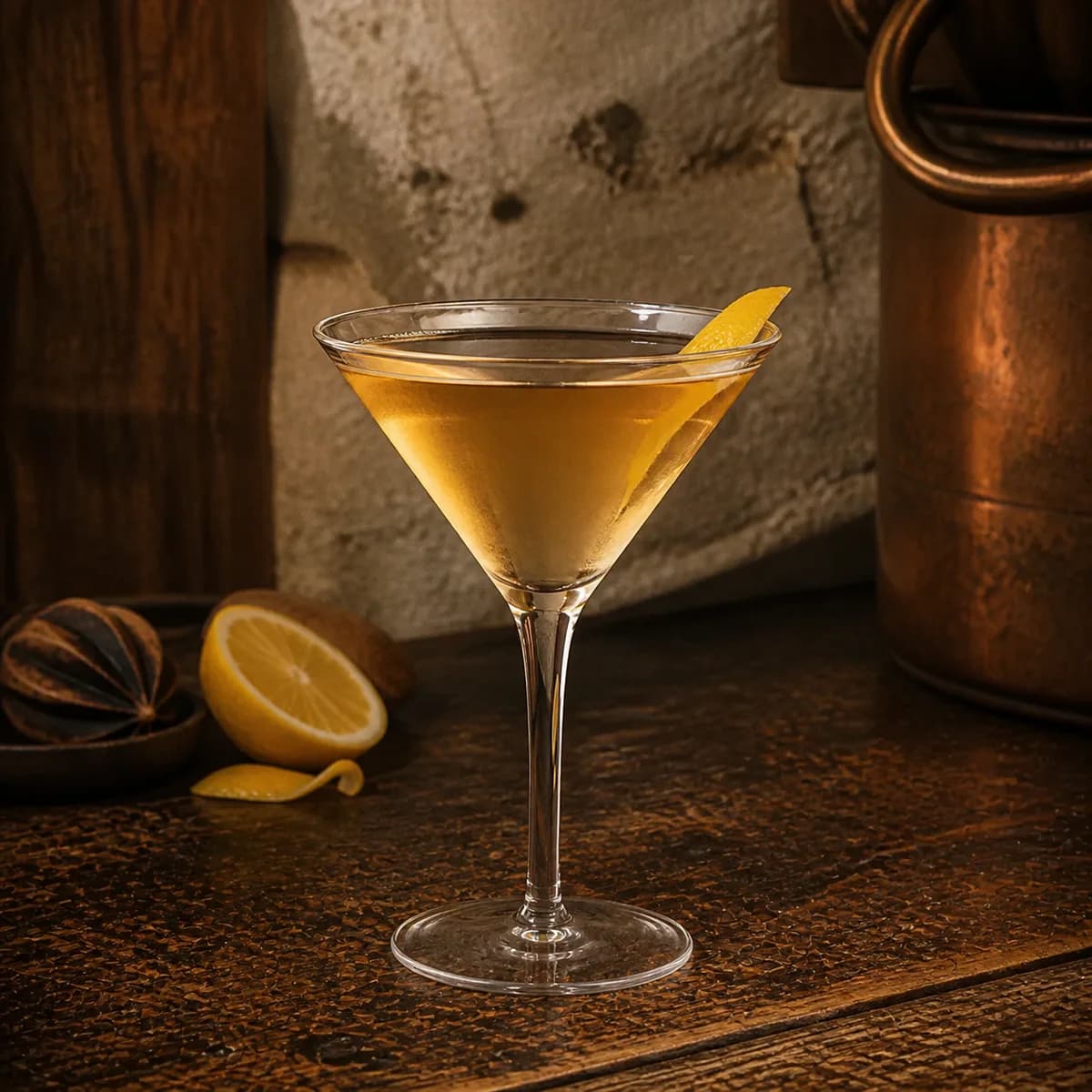 Appletini in a sharp V-shaped martini glass styled in an intimate cellar salon with limewashed masonry, old oak and tarnished copper.