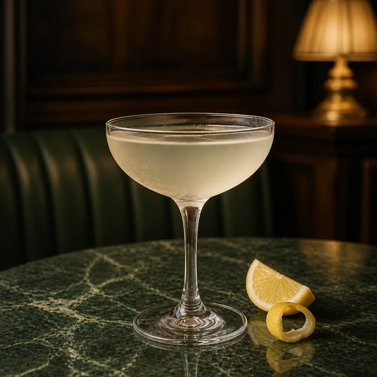 Army & Navy in a clear shallow coupe styled in a quiet old hotel bar with sage leather, dark oak and one shaded brass lamp.