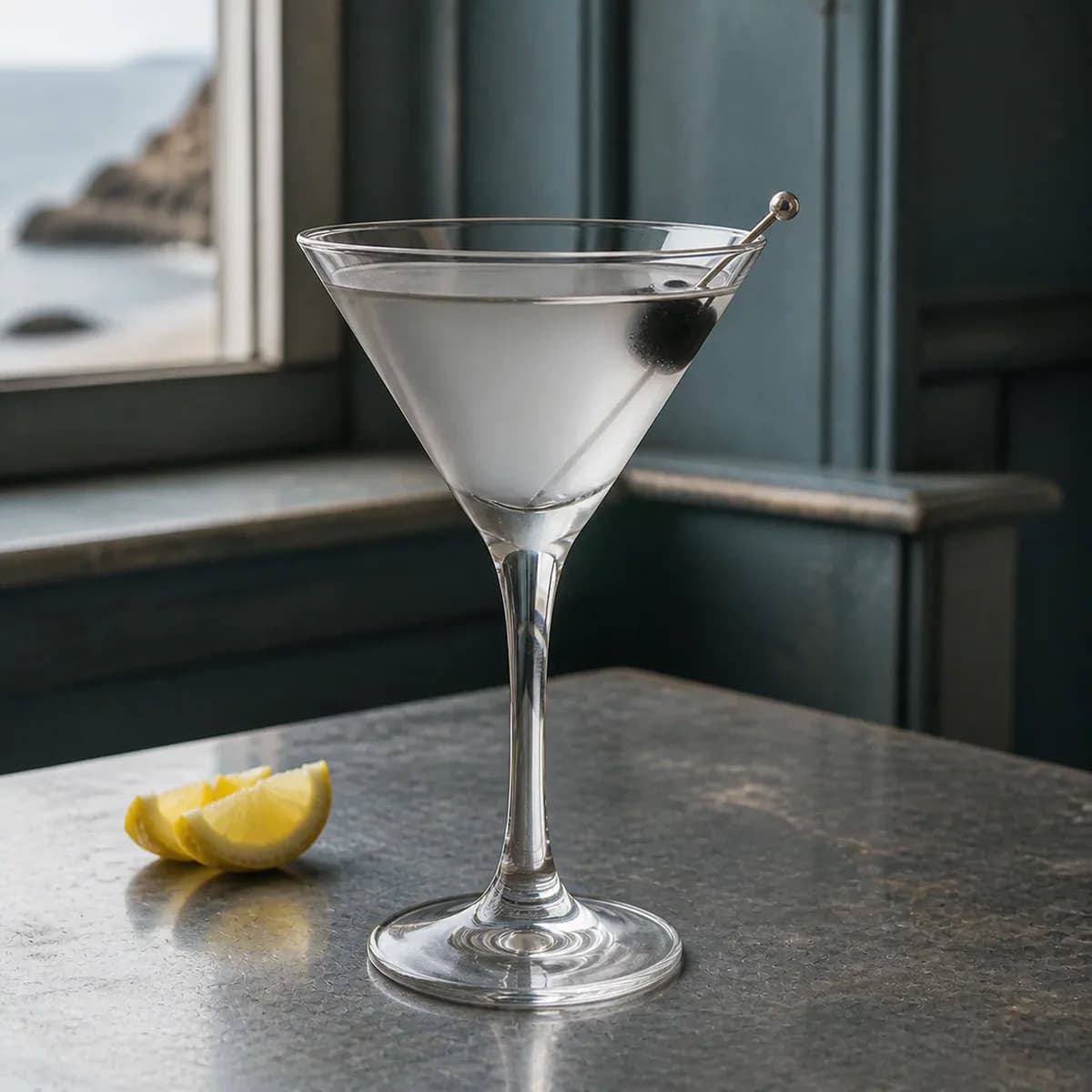 Aviation in a sharp V-shaped martini glass styled in a coastal brasserie bar with weathered blue-gray paneling, zinc counter and hazy sea light.