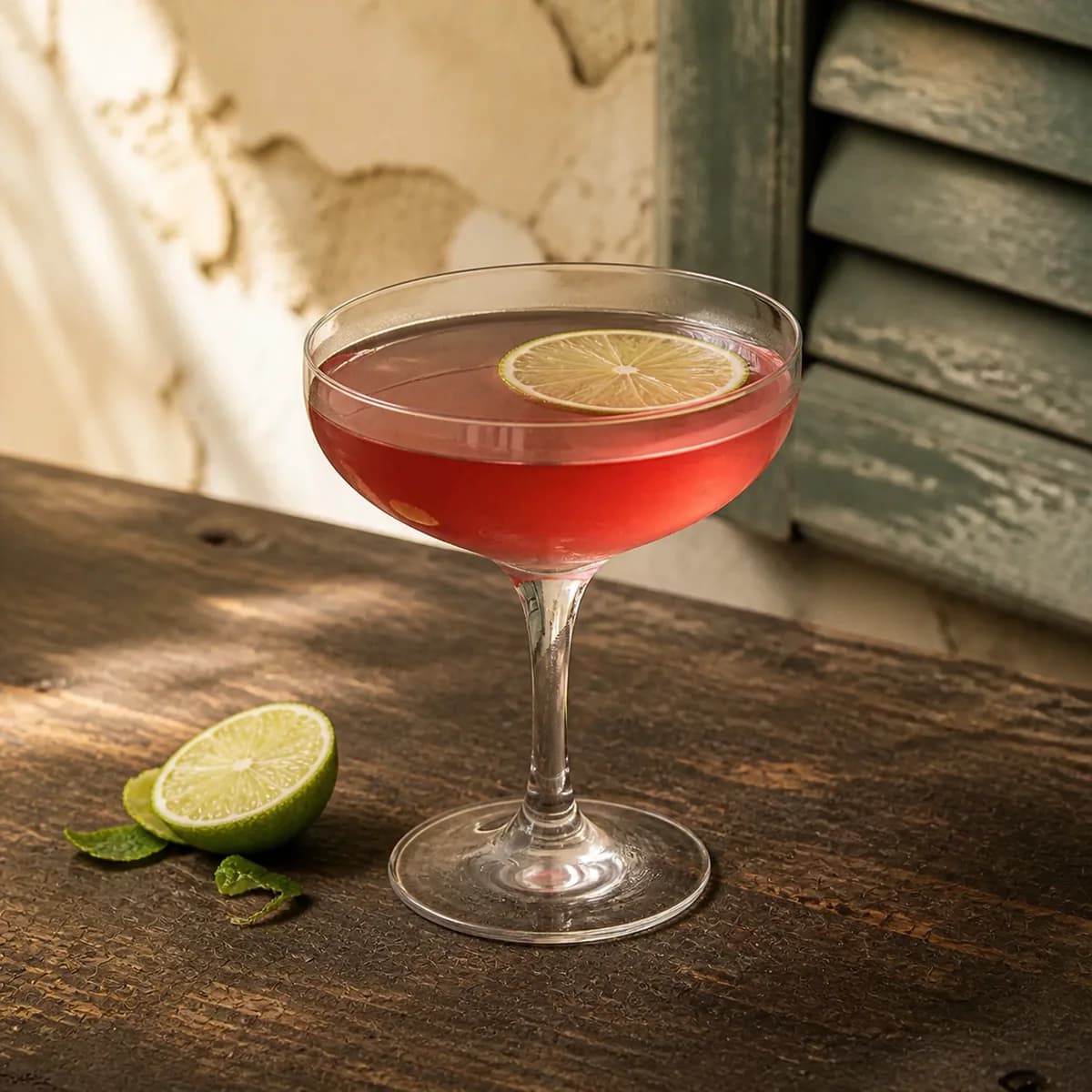 Bacardi Cocktail in a clear shallow coupe styled in a lived-in Cuban veranda with aged mineral plaster, a soft off-centre shutter and worn dark wood.