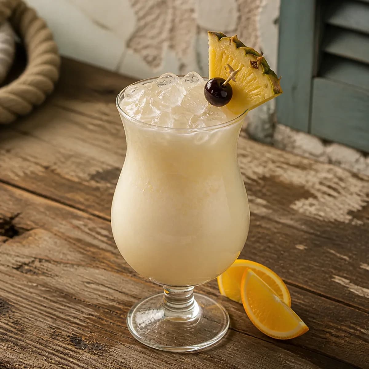 Bahama Mama in a curved hurricane glass styled in a quiet harbor rum bar with salt-worn timber, limewashed walls and one blurred rope detail.