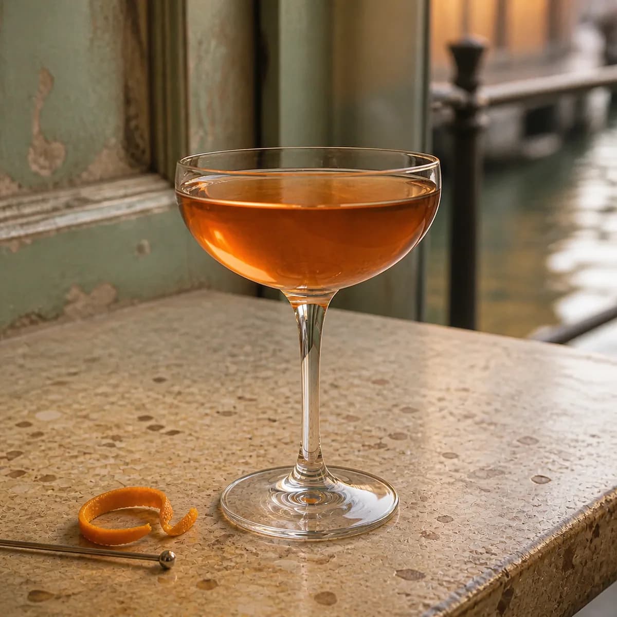 Bamboo in a clear shallow coupe styled in a quiet canal café bar with worn celadon paint, old terrazzo and watery reflections in the distance.
