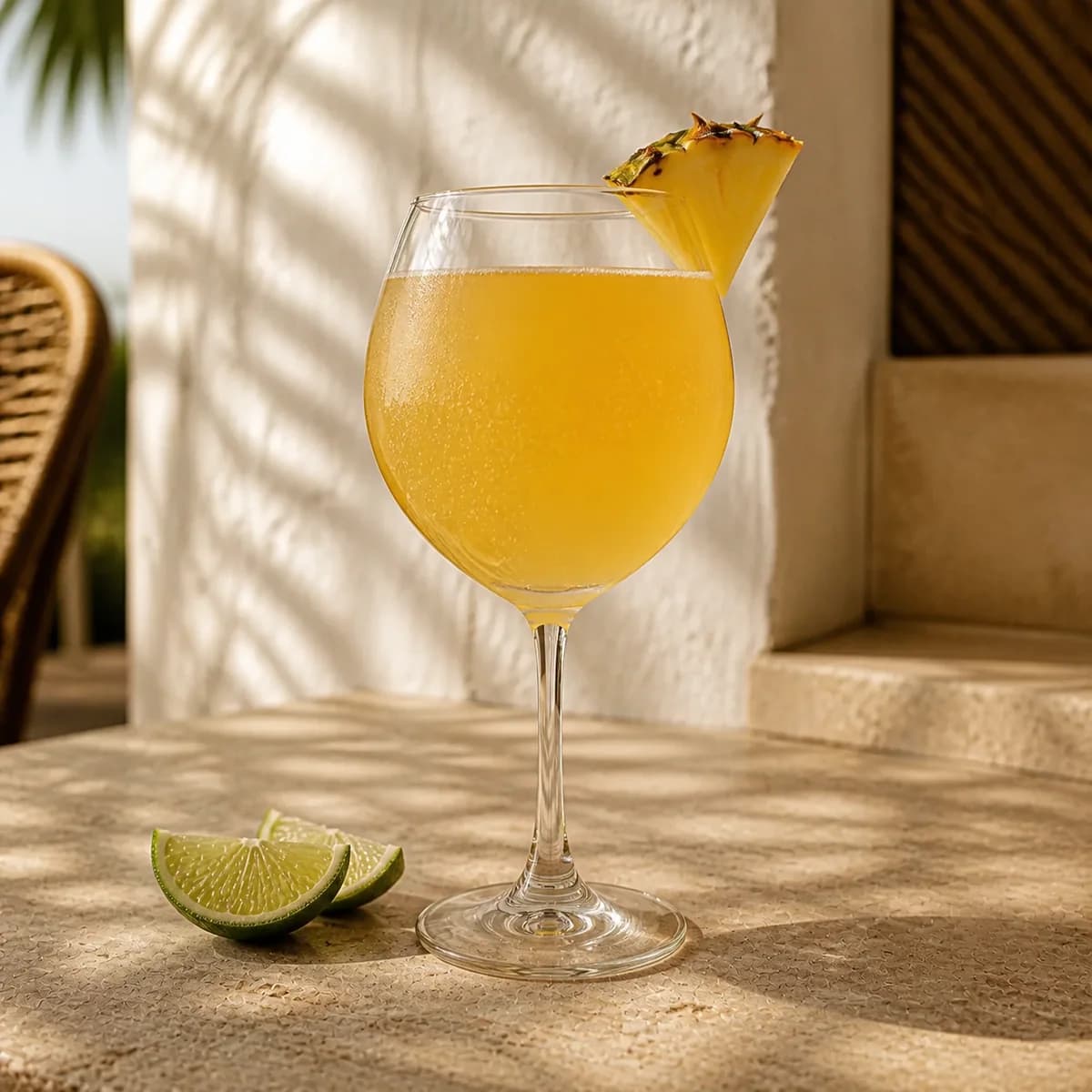 Barracuda in a large stemmed balloon wine glass styled in an airy tropical hotel bar with irregular off-white plaster, rattan shadow and honey limestone.
