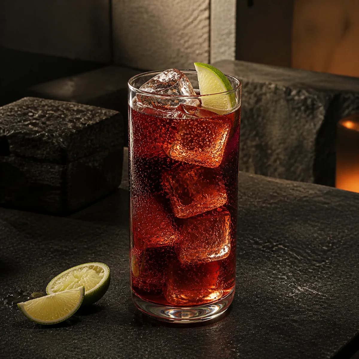 Batanga in a tall straight-sided highball glass styled in a restrained modern mezcalería with blackened steel, pale clay render and rough volcanic stone.