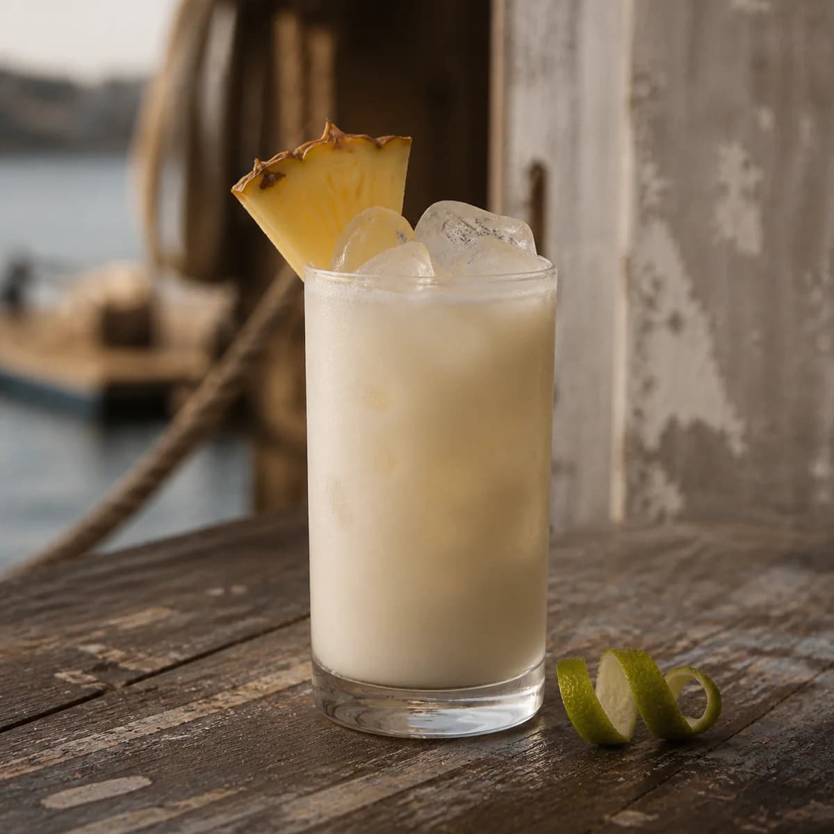 Batida in a tall straight-sided highball glass styled in a quiet harbor rum bar with salt-worn timber, limewashed walls and one blurred rope detail.