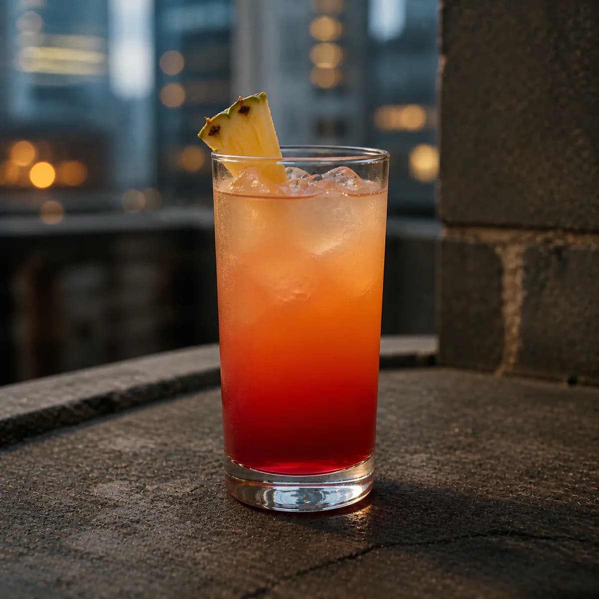 Bay Breeze in a tall straight-sided highball glass styled in a city rooftop bar with weathered concrete, dark stone and defocused blue-hour windows.