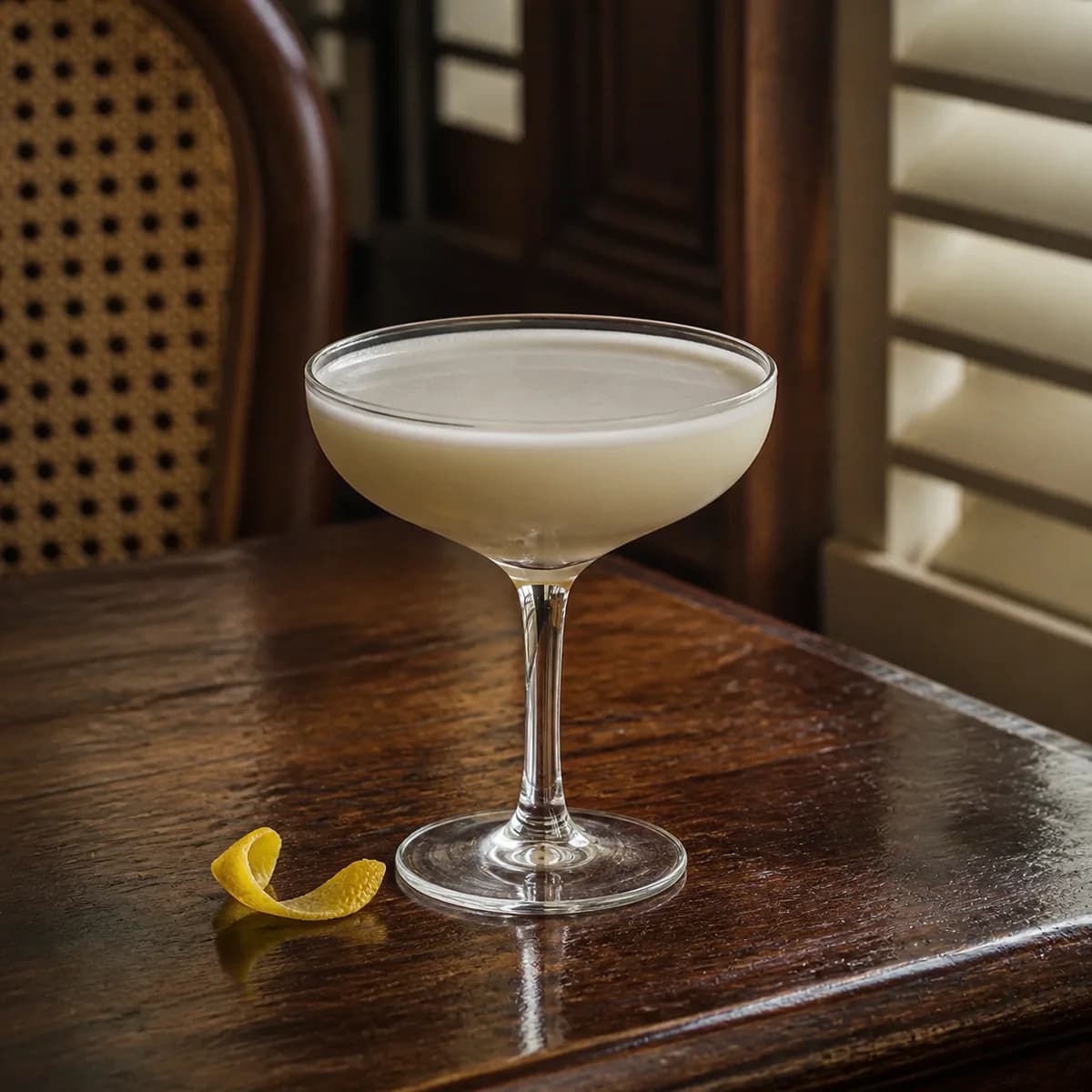 Bee’s Kiss in a clear shallow coupe styled in a quiet colonial gallery bar with worn cane furniture, dark mahogany and cream shutters.