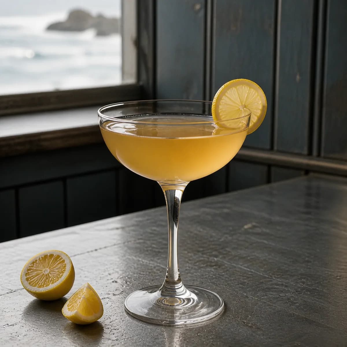 Bee’s Knees in a clear shallow coupe styled in a coastal brasserie bar with weathered blue-gray paneling, zinc counter and hazy sea light.