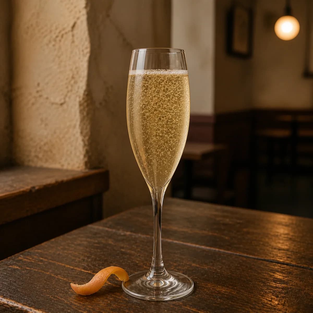 Bellini in a slender champagne flute styled in a compact European wine bar with limewashed walls, old oak and a single shaded globe.