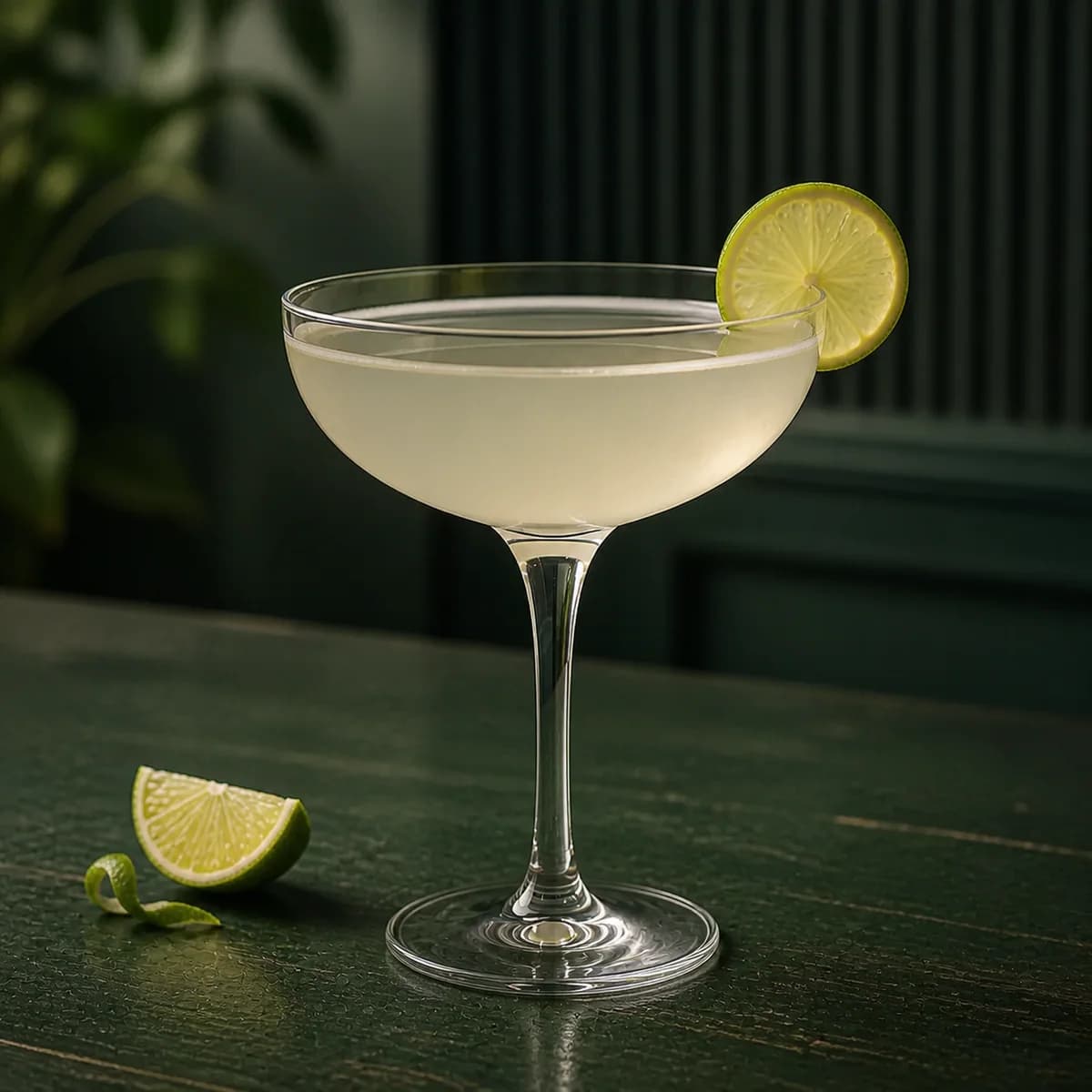 Bennett in a clear shallow coupe styled in a restrained botanical bar with dark green painted wood, ribbed glass and a few out-of-focus leaves.