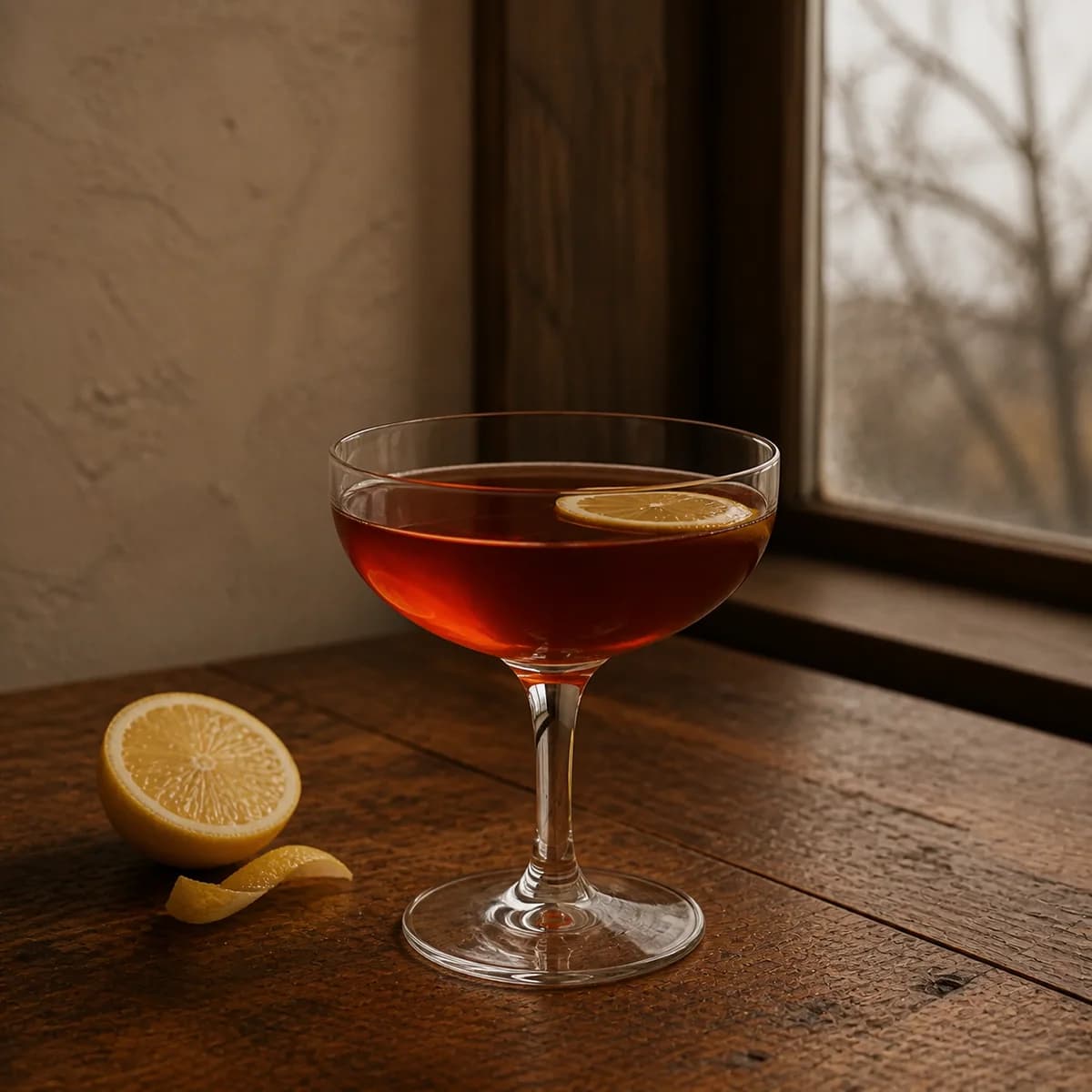 Between the Sheets in a clear shallow coupe styled in an old orchard inn bar with pale plaster, applewood and a soft window looking onto bare branches.