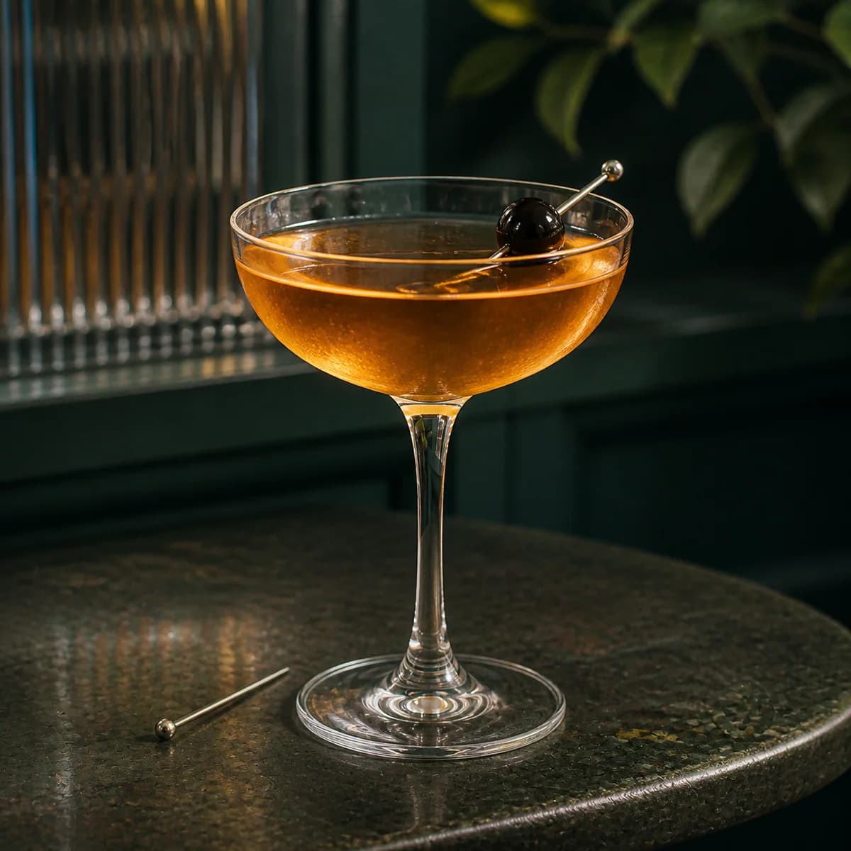 Bijou in a clear shallow coupe styled in a restrained botanical bar with dark green painted wood, ribbed glass and a few out-of-focus leaves.