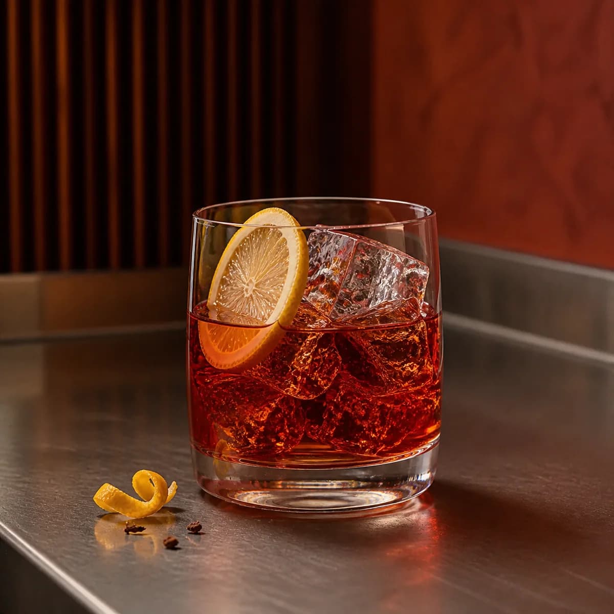 Bitter Giuseppe in a heavy low rocks glass styled in a modern amaro bar with ribbed walnut, smoked red plaster and brushed pewter.