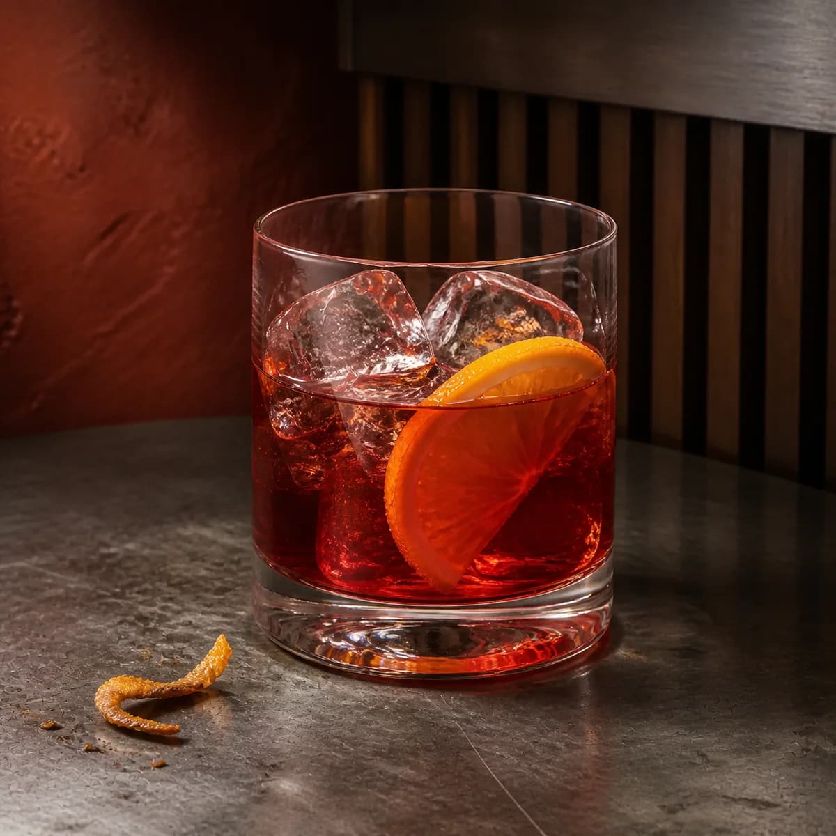 Bittersweet in a heavy low rocks glass styled in a modern amaro bar with ribbed walnut, smoked red plaster and brushed pewter.
