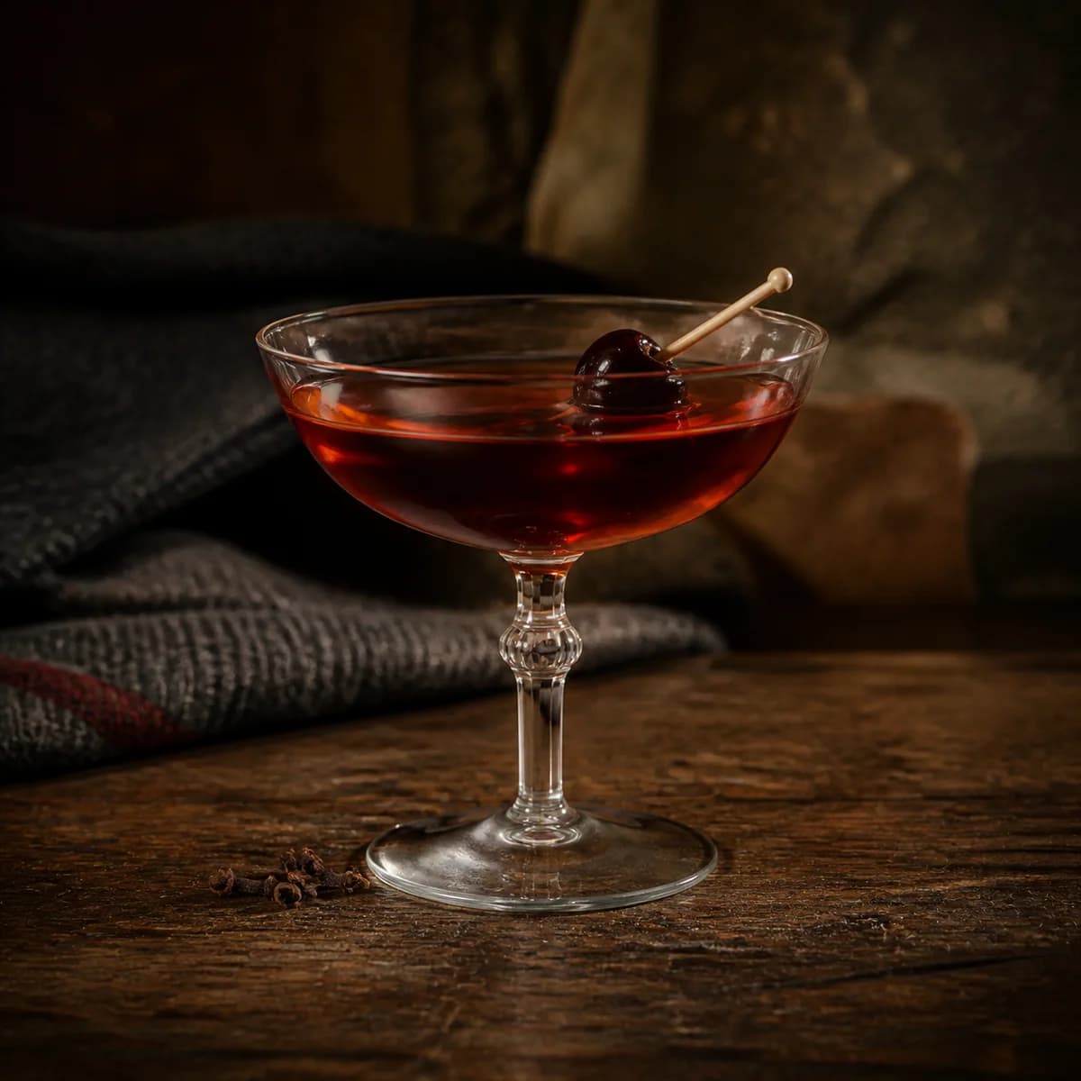 Black Manhattan in a clear shallow coupe styled in a mountain lodge bar with timeworn oak, dark wool and rough local stone.