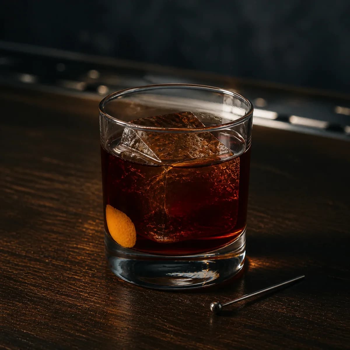 Black Russian in a heavy low rocks glass styled in a late-night espresso bar with smoky navy limewash, scratched dark oak and restrained chrome highlights.