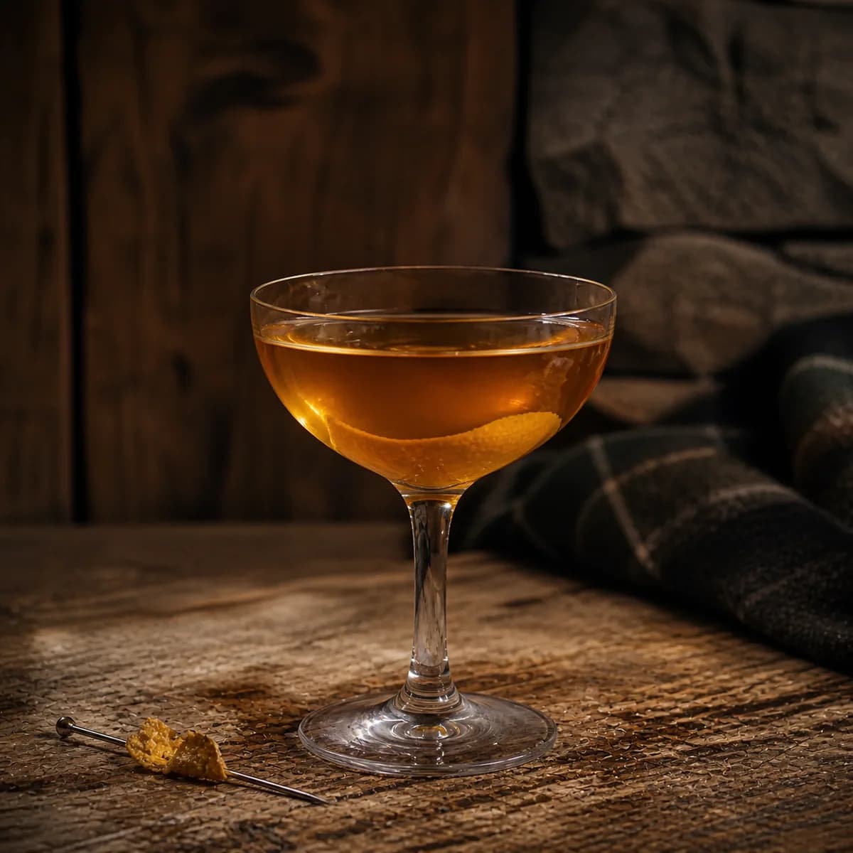 Blackthorn in a clear shallow coupe styled in a mountain lodge bar with timeworn oak, dark wool and rough local stone.