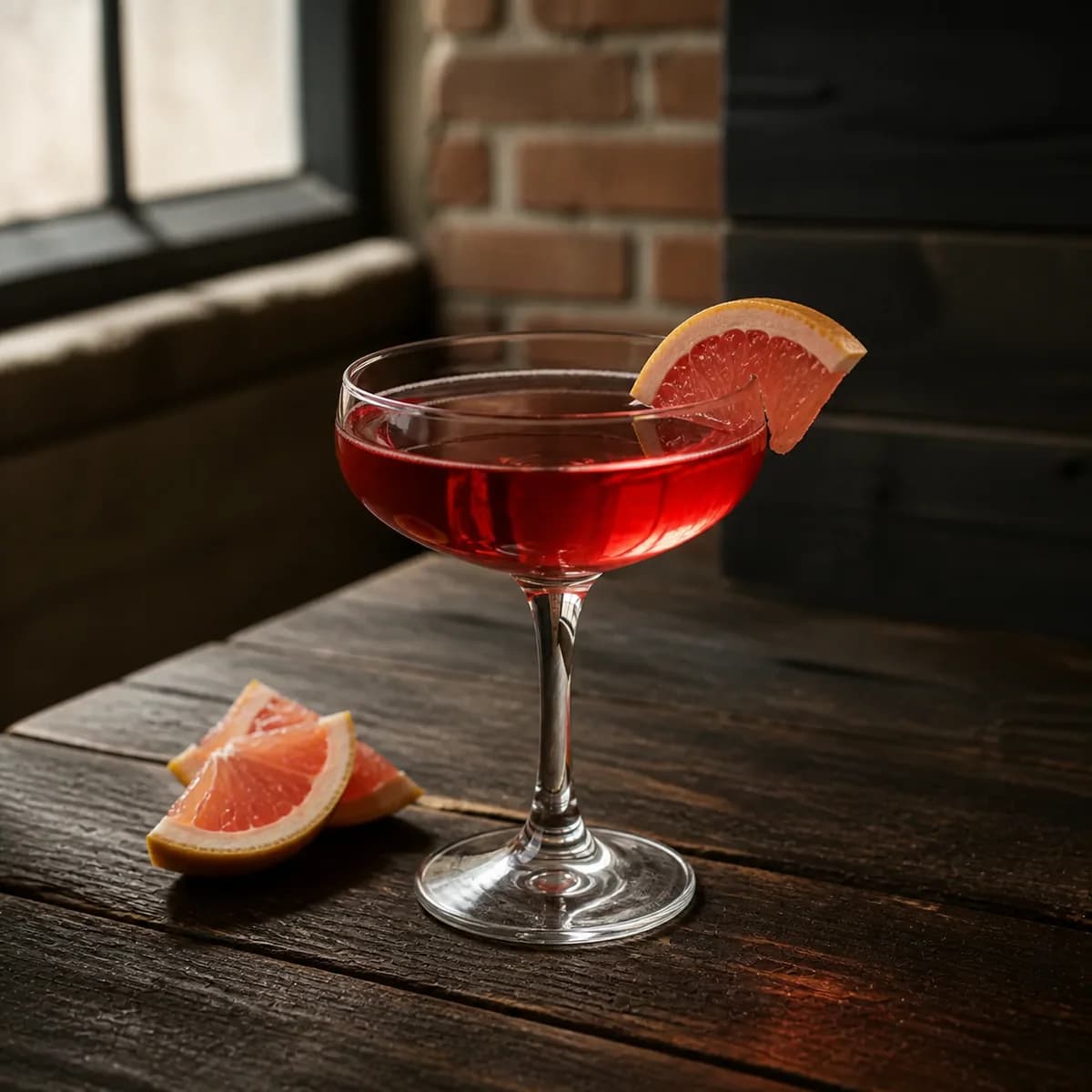 Blinker in a clear shallow coupe styled in a refined warehouse tasting bar with rough brick, charred oak and one high factory window.