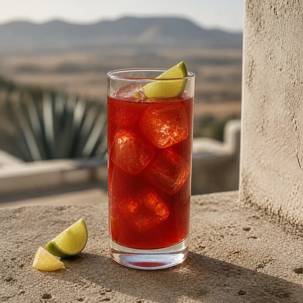 Bloody Maria in a tall straight-sided highball glass styled in an agave-country rooftop bar with pale volcanic stone, limewashed wall and distant dusty hills.