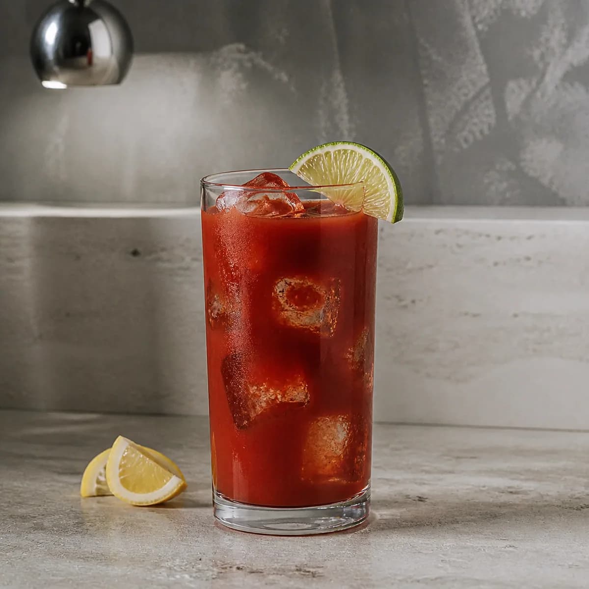 Bloody Mary in a tall straight-sided highball glass styled in a quiet minimalist bar with chalky gray plaster, pale travertine and one off-centre chrome light.