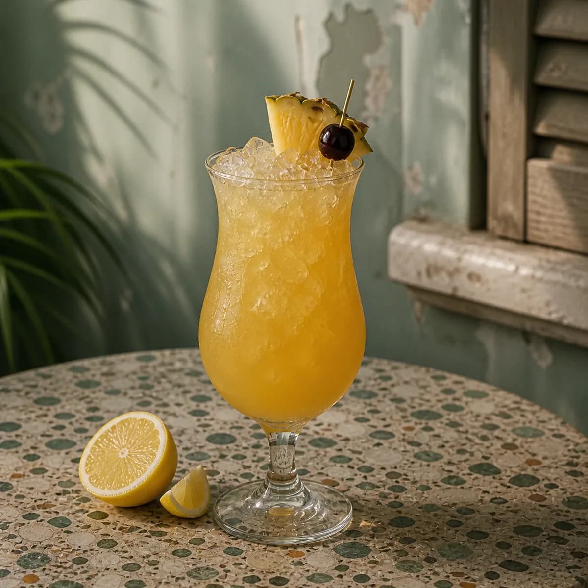 Blue Hawaii in a curved hurricane glass styled in a shaded island courtyard bar with faded sea-green render, old terrazzo and a single palm shadow.