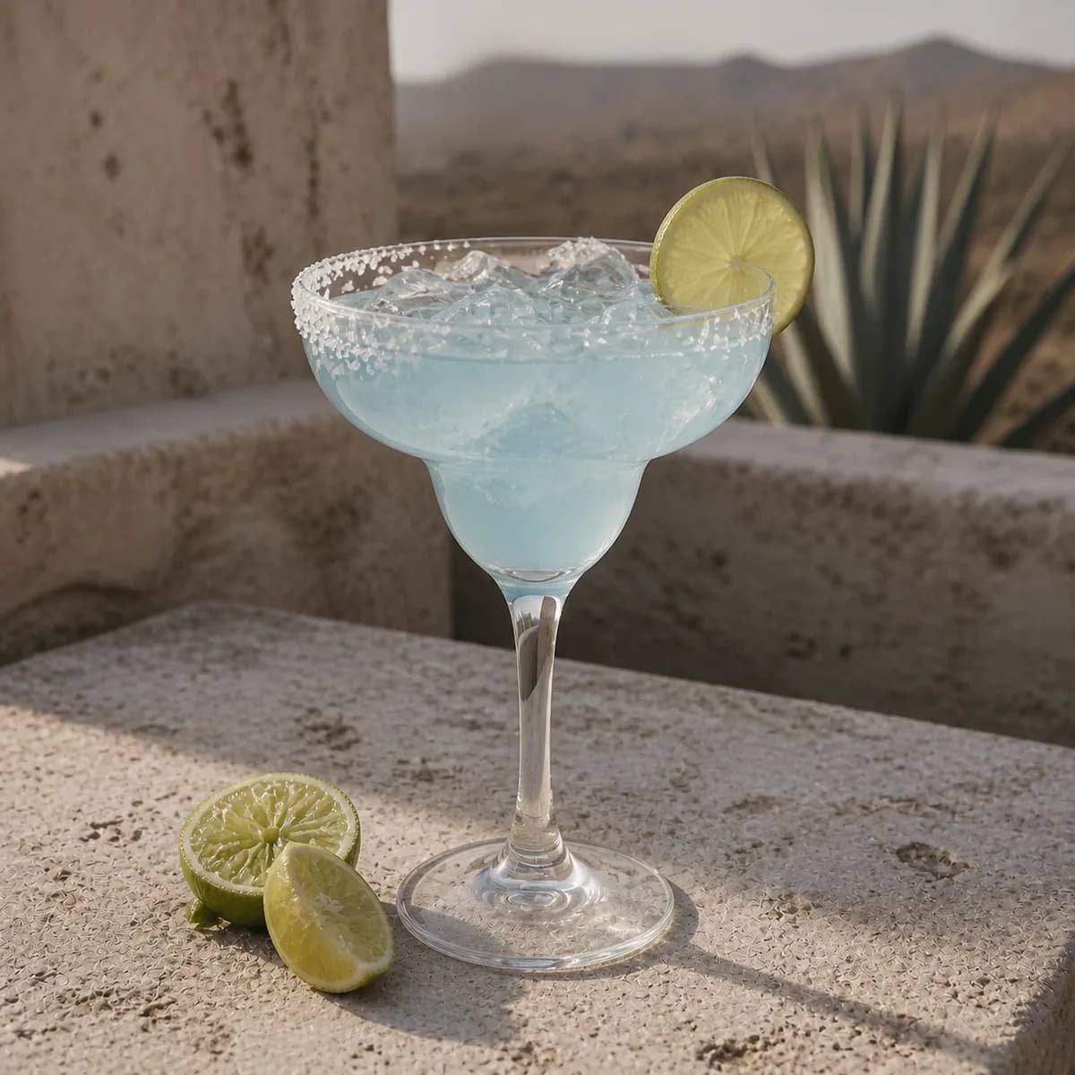 Blue Margarita in a wide stemmed margarita glass styled in an agave-country rooftop bar with pale volcanic stone, limewashed wall and distant dusty hills.