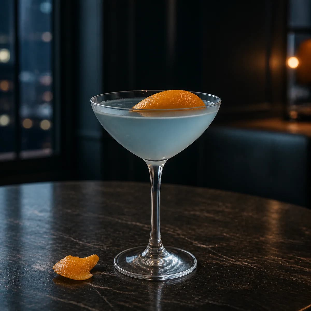 Blue Monday in a clear shallow coupe styled in a contemporary city hotel bar with smoked navy walls, honed stone and distant window reflections.