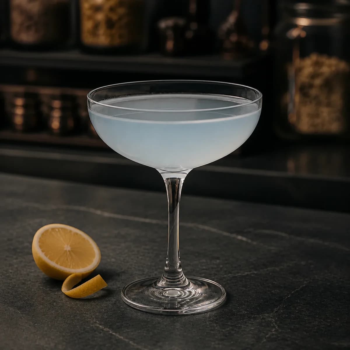 Blue Moon in a clear shallow coupe styled in a modern apothecary-style bar with charcoal slate, smoked glass and unlabeled botanical jars in blur.