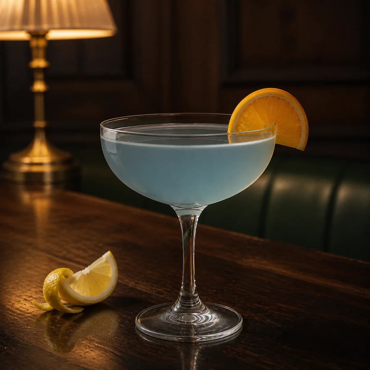 Blue Train in a clear shallow coupe styled in a quiet old hotel bar with sage leather, dark oak and one shaded brass lamp.