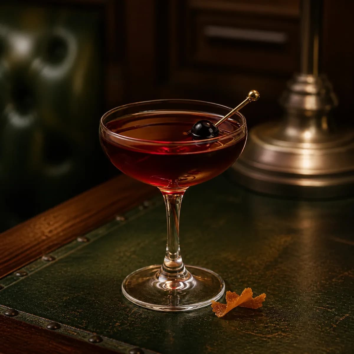 Bobby Burns in a clear shallow coupe styled in an old railway club bar with bottle-green leather, mahogany and aged nickel.