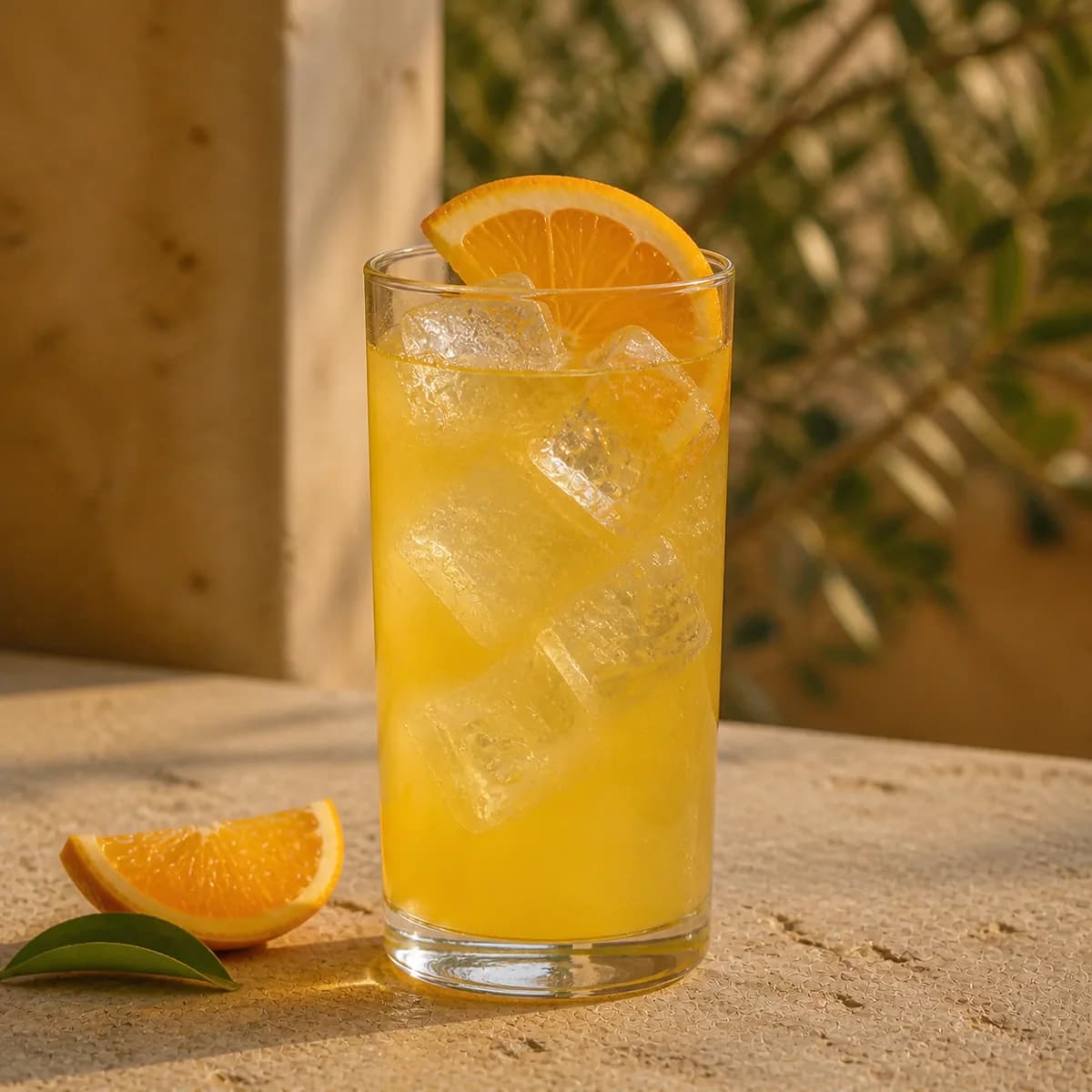 Bocce Ball in a tall straight-sided highball glass styled in an Italian terrace with faded apricot stucco, pale limestone and blurred olive leaves.