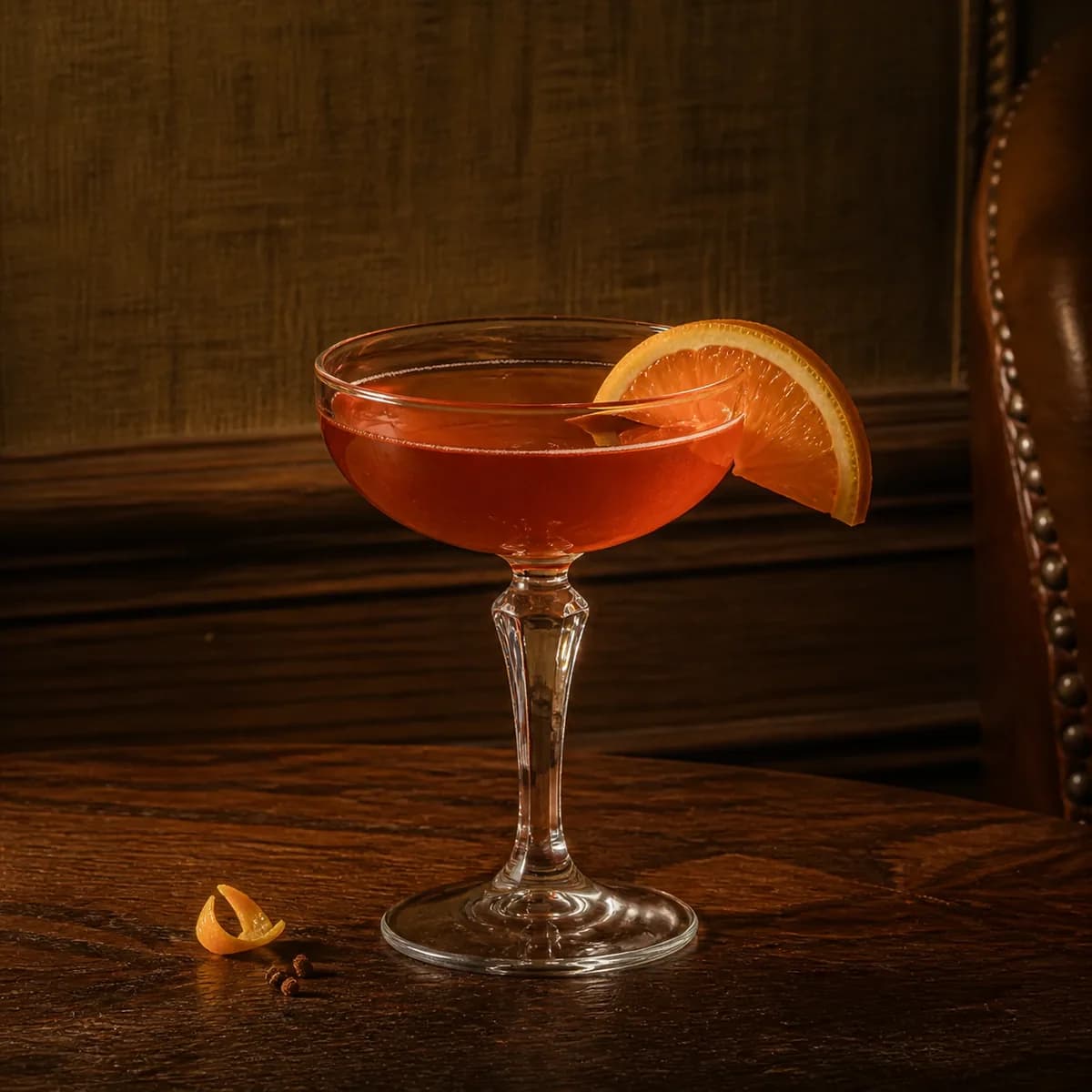 Bosom Caresser in a clear shallow coupe styled in a quiet drawing-room bar with tobacco linen, walnut and one worn leather chair edge.