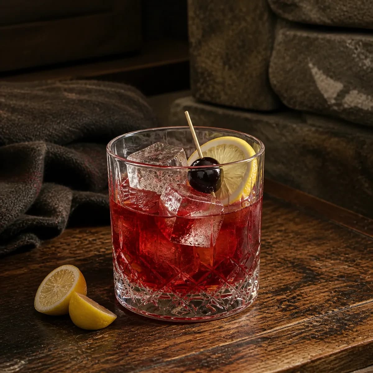 Boston Sour in a heavy low rocks glass styled in a mountain lodge bar with timeworn oak, dark wool and rough local stone.