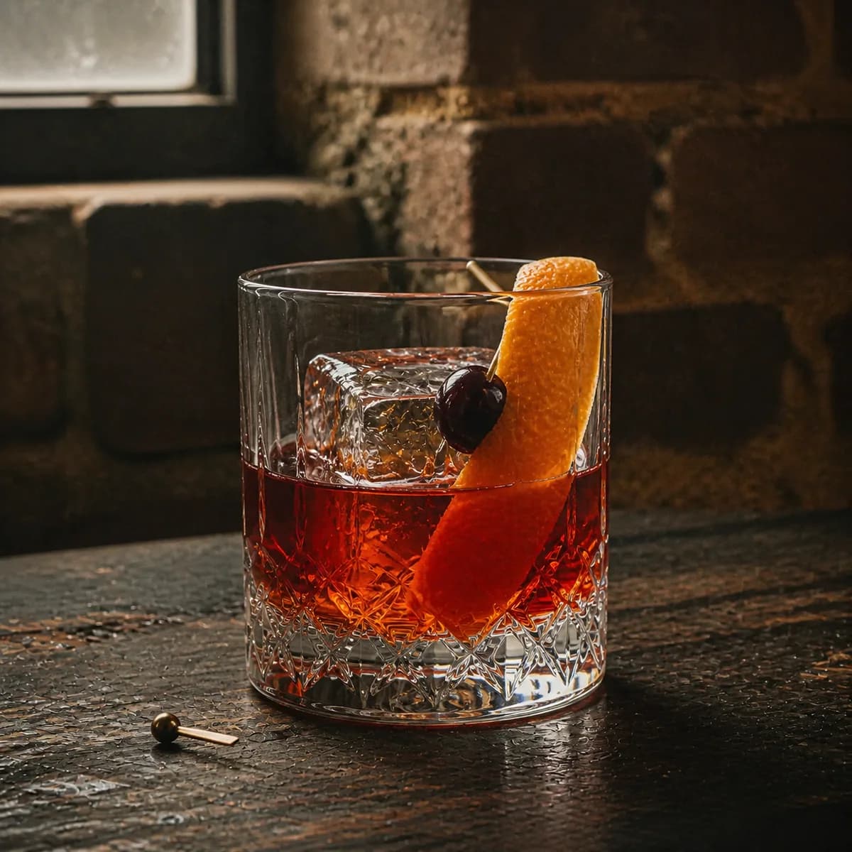 Boulevardier in a heavy low rocks glass styled in a refined warehouse tasting bar with rough brick, charred oak and one high factory window.