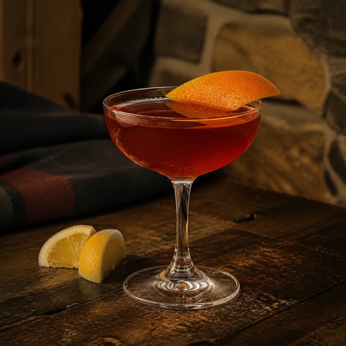 Bourbon Crusta in a clear shallow coupe styled in a mountain lodge bar with timeworn oak, dark wool and rough local stone.