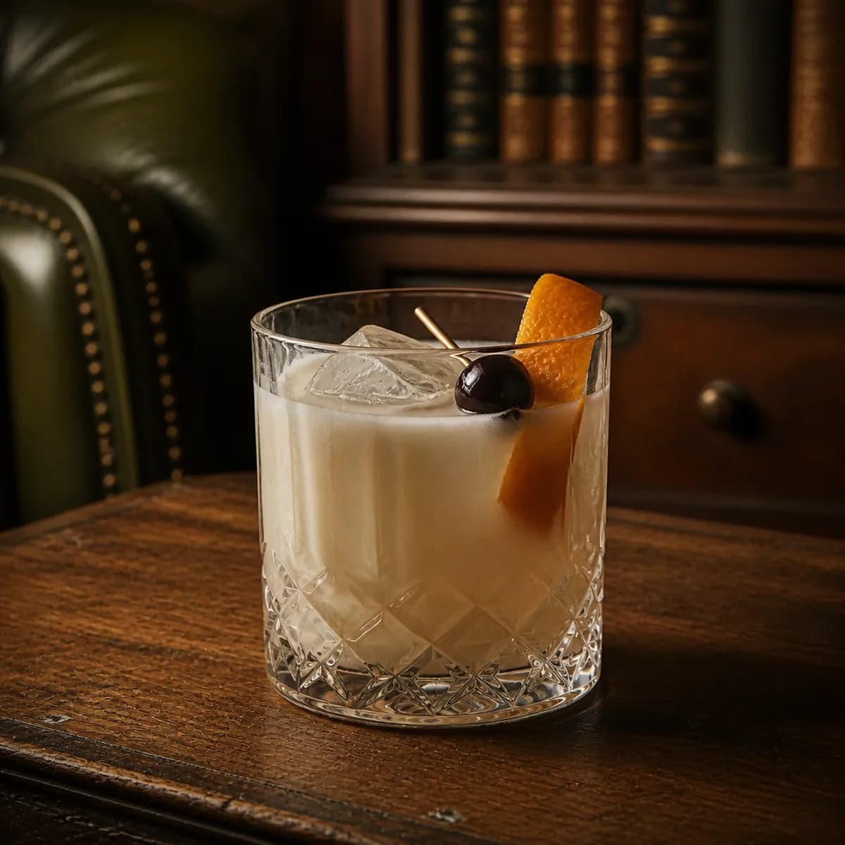 Bourbon Milk Punch in a tall straight-sided highball glass styled in a private library bar with deep olive leather, natural creases, off-centre seams and aged walnut.