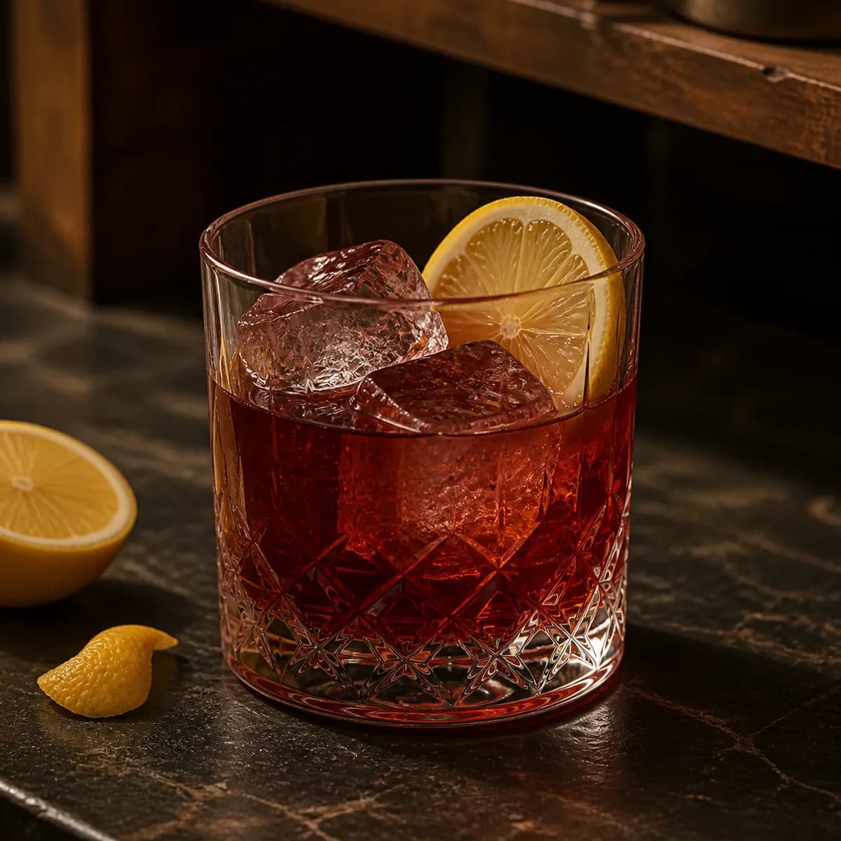 Bourbon Renewal in a heavy low rocks glass styled in a neighborhood speakeasy with irregular dark-walnut shelves and worn black soapstone.
