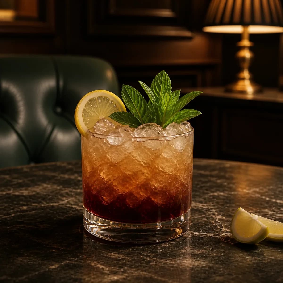 Bramble in a heavy low rocks glass styled in a quiet old hotel bar with sage leather, dark oak and one shaded brass lamp.
