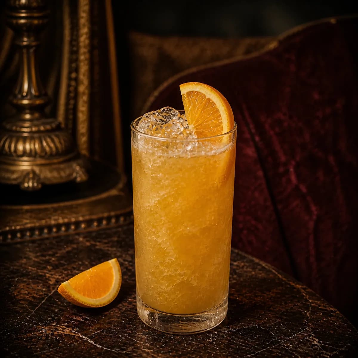 Brandy Cobbler in a tall straight-sided highball glass styled in a Belle Époque salon bar with faded burgundy velvet, dark marble and aged brass.