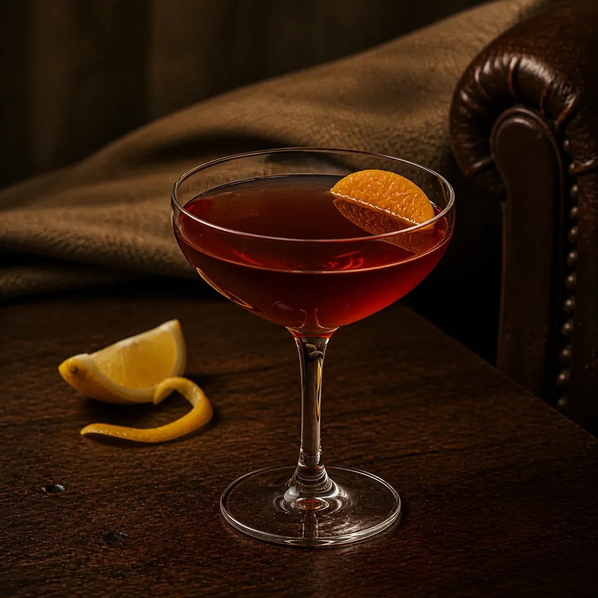 Brandy Crusta in a clear shallow coupe styled in a quiet drawing-room bar with tobacco linen, walnut and one worn leather chair edge.